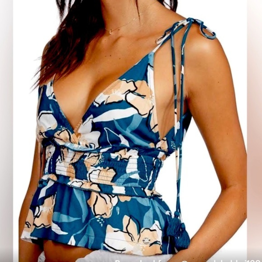Roxy size S green floral V-neck sleeveless tassel ties ruffle peplum ruched top